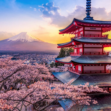 Schöne Sicht auf den Berg Fuji und Chureito Pagoda bei Sonnenuntergang 100 Puzzle 3D Modell