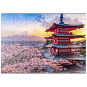 Darstellung des Puzzle-Motivs Schöne Sicht auf den Berg Fuji und Chureito Pagoda bei Sonnenuntergang – Puzzleteile: 200