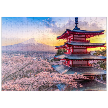 puzzleplate Schöne Sicht auf den Berg Fuji und Chureito Pagoda bei Sonnenuntergang 200 Puzzle
