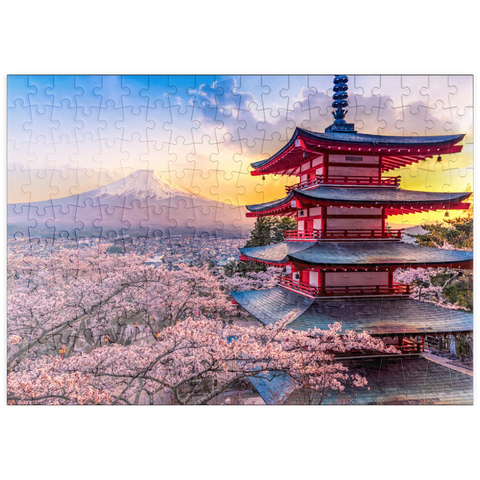 puzzleplate Schöne Sicht auf den Berg Fuji und Chureito Pagoda bei Sonnenuntergang 200 Puzzle