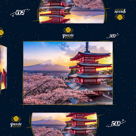 Schöne Sicht auf den Berg Fuji und Chureito Pagoda bei Sonnenuntergang 500 Puzzle Schachtel 3D Modell