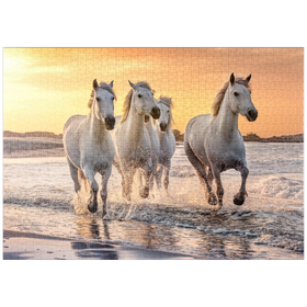 Darstellung des Puzzle-Motivs Weiße Camargue Pferde galoppieren am Strand, Frankreich – Puzzleteile: 1000