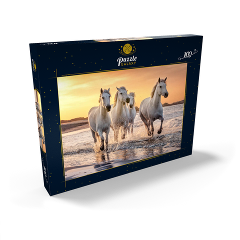 Weiße Camargue Pferde galoppieren am Strand, Frankreich 100 Puzzle Schachtel Ansicht2