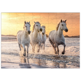 Darstellung des Puzzle-Motivs Weiße Camargue Pferde galoppieren am Strand, Frankreich – Puzzleteile: 100