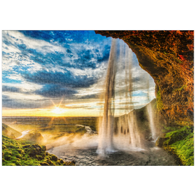 Darstellung des Puzzle-Motivs Seljalandsfoss-Wasserfall bei Sonnenuntergang, Island – Puzzleteile: 1000