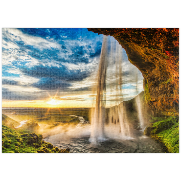 puzzleplate Seljalandfoss-Wasserfall bei Sonnenuntergang, Island 1000 Puzzle
