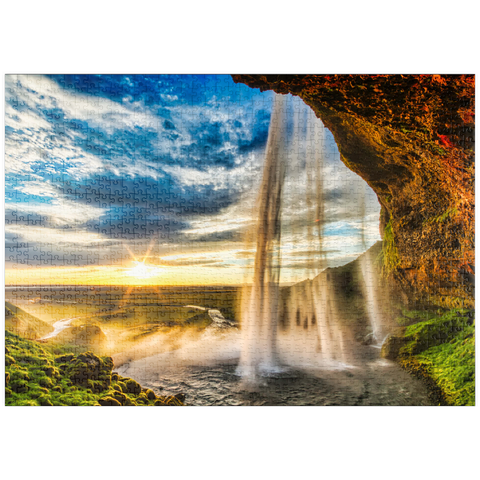 puzzleplate Seljalandfoss-Wasserfall bei Sonnenuntergang, Island 1000 Puzzle
