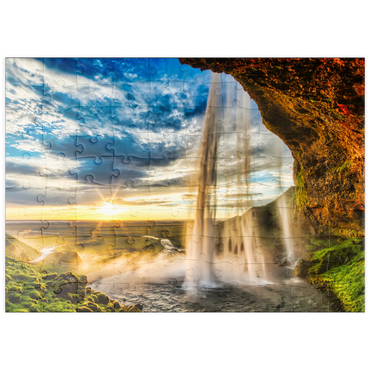 puzzleplate Seljalandfoss-Wasserfall bei Sonnenuntergang, Island 100 Puzzle