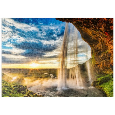 puzzleplate Seljalandfoss-Wasserfall bei Sonnenuntergang, Island 500 Puzzle