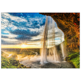 Darstellung des Puzzle Motivs Seljalandsfoss-Wasserfall bei Sonnenuntergang, Island - Puzzleteile: 500