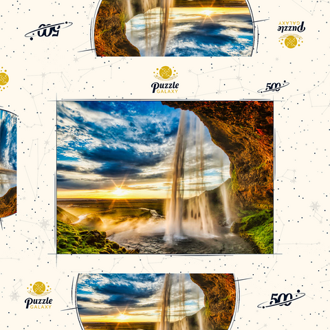 Seljalandfoss-Wasserfall bei Sonnenuntergang, Island 500 Puzzle Schachtel 3D Modell