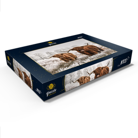 Darstellung des Puzzle Motivs Behaarte schottische Hochlandrinder in einer Winterlandschaft - Puzzleteile: 1000