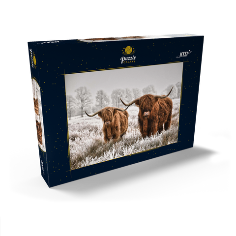 Behaarte schottische Hochlandrinder in einer Winterlandschaft 1000 Puzzle Schachtel Ansicht2