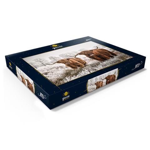 Behaarte schottische Hochlandrinder in einer Winterlandschaft 100 Puzzle Schachtel Ansicht1