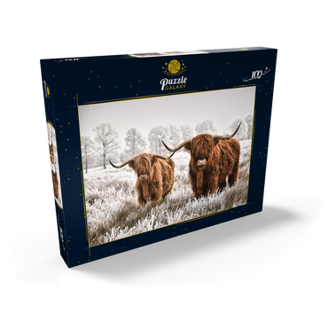 Behaarte schottische Hochlandrinder in einer Winterlandschaft 100 Puzzle Schachtel Ansicht2