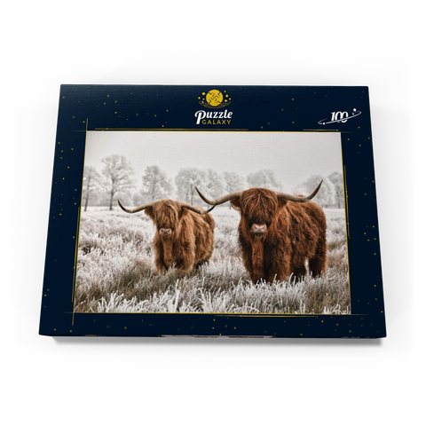 Behaarte schottische Hochlandrinder in einer Winterlandschaft 100 Puzzle Schachtel Ansicht3