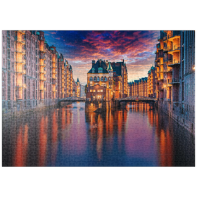Darstellung des Puzzle-Motivs Speicherstadt Hamburg bei Dämmerung – Puzzleteile: 1000