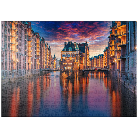 puzzleplate Speicherstadt Hamburg bei Dämmerung 1000 Puzzle