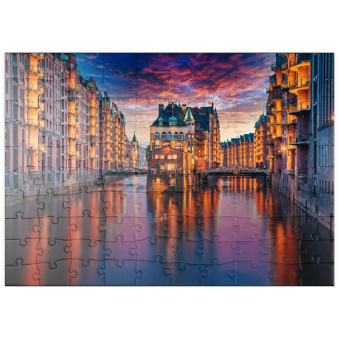 puzzleplate Speicherstadt Hamburg bei Dämmerung 100 Puzzle