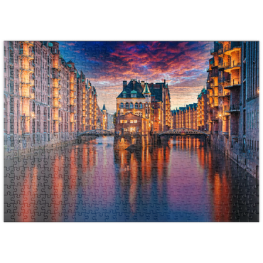 puzzleplate Speicherstadt Hamburg bei Dämmerung 500 Puzzle