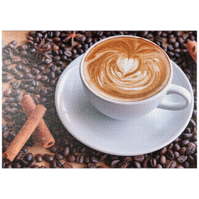 Darstellung des Puzzle-Motivs Eine Tasse heißer Kaffee mit Kaffeebohnen – Puzzleteile: 1000