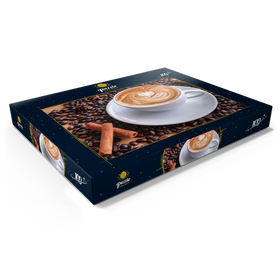 Darstellung des Puzzle Motivs Eine Tasse heißer Kaffee mit Kaffeebohnen - Puzzleteile: 100