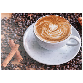 Darstellung des Puzzle Motivs Eine Tasse heißer Kaffee mit Kaffeebohnen - Puzzleteile: 100