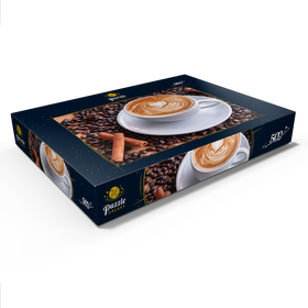 Darstellung des Puzzle Motivs Eine Tasse heißer Kaffee mit Kaffeebohnen - Puzzleteile: 500