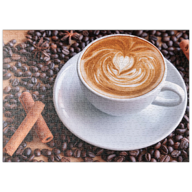 Darstellung des Puzzle Motivs Eine Tasse heißer Kaffee mit Kaffeebohnen - Puzzleteile: 500