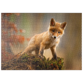 Darstellung des Puzzle Motivs Ein junger, neugieriger Fuchs im Wald - Puzzleteile: 500