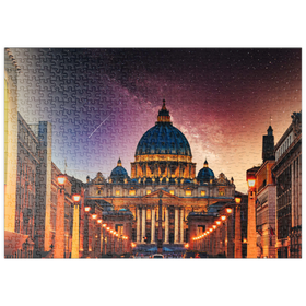 Darstellung des Puzzle-Motivs Vatikanstadt. Beleuchtete St. Peters Basilika in der Vatikanstadt bei Nacht – Puzzleteile: 500