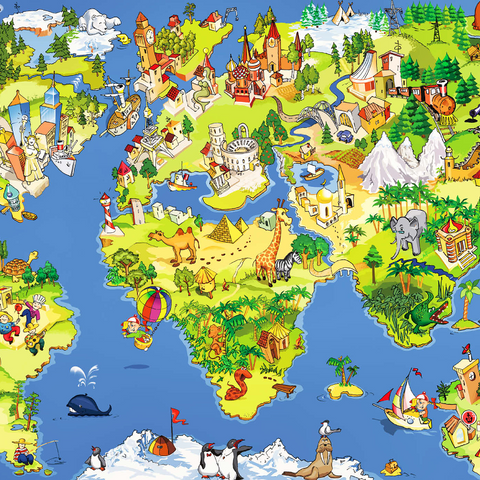 Tolle und lustige Cartoon-Weltkarte - Illustration für Kinder 1000 Puzzle 3D Modell