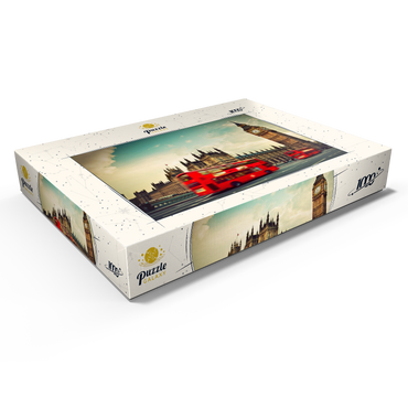 Roter Doppeldeckerbus vor dem Big Ban und Westminster Abbey, London, England 1000 Puzzle Schachtel Ansicht1