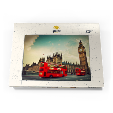 Roter Doppeldeckerbus vor dem Big Ban und Westminster Abbey, London, England 1000 Puzzle Schachtel Ansicht3