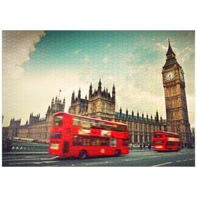 Darstellung des Puzzle-Motivs Roter Doppeldeckerbus vor dem Big Ban und Westminster Abbey, London, England – Puzzleteile: 1000