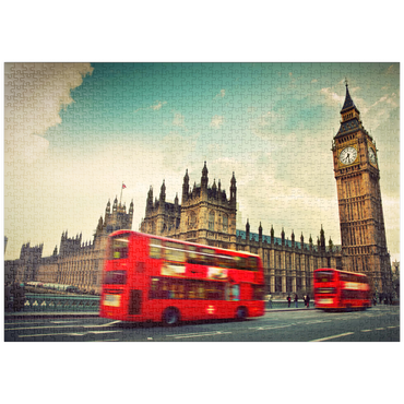puzzleplate Roter Doppeldeckerbus vor dem Big Ban und Westminster Abbey, London, England 1000 Puzzle
