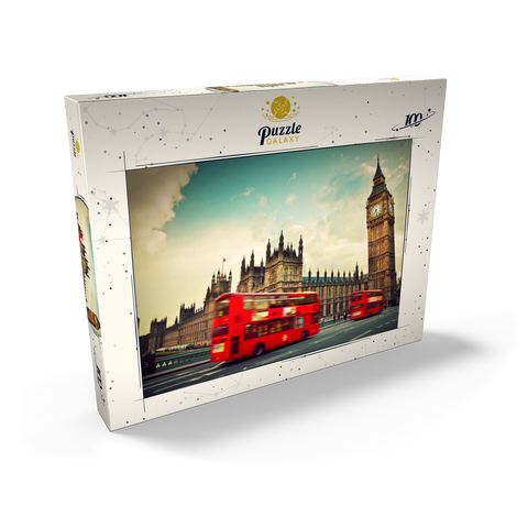 Roter Doppeldeckerbus vor dem Big Ban und Westminster Abbey, London, England 100 Puzzle Schachtel Ansicht2