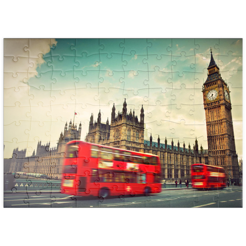 puzzleplate Roter Doppeldeckerbus vor dem Big Ban und Westminster Abbey, London, England 100 Puzzle