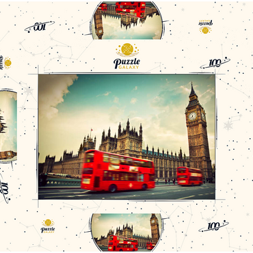 Roter Doppeldeckerbus vor dem Big Ban und Westminster Abbey, London, England 100 Puzzle Schachtel 3D Modell
