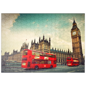 Darstellung des Puzzle-Motivs Roter Doppeldeckerbus vor dem Big Ban und Westminster Abbey, London, England – Puzzleteile: 200