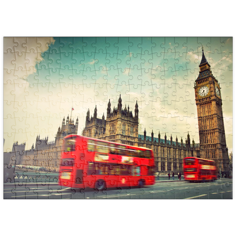 puzzleplate Roter Doppeldeckerbus vor dem Big Ban und Westminster Abbey, London, England 200 Puzzle