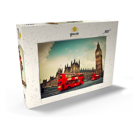 Roter Doppeldeckerbus vor dem Big Ban und Westminster Abbey, London, England 500 Puzzle Schachtel Ansicht2