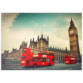 Darstellung des Puzzle Motivs Roter Doppeldeckerbus vor dem Big Ban und Westminster Abbey, London, England - Puzzleteile: 500