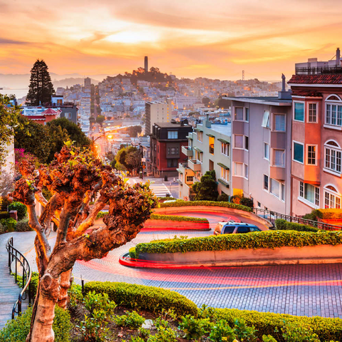 Die berühmte Lombard Street in San Francisco bei Sonnenaufgang 100 Puzzle 3D Modell