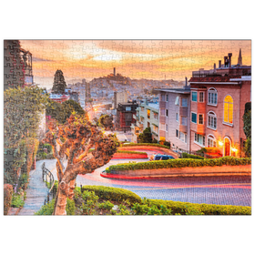 Darstellung des Puzzle-Motivs Die berühmte Lombard Street in San Francisco bei Sonnenaufgang – Puzzleteile: 500