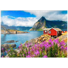 Darstellung des Puzzle-Motivs Typische rote Fischerhäuser in einem Hafen auf den Lofoten, Norwegen – Puzzleteile: 1000