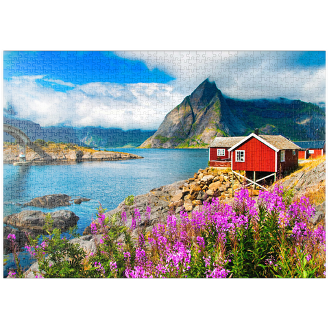 puzzleplate Typische rote Fischerhäuser in einem Hafen auf den Lofoten, Norwegen 1000 Puzzle