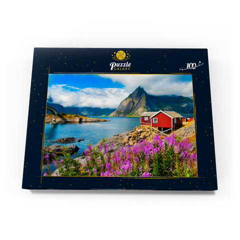 Typische rote Fischerhäuser in einem Hafen auf den Lofoten, Norwegen 100 Puzzle Schachtel Ansicht3