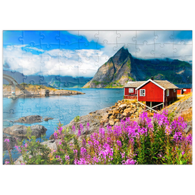 Darstellung des Puzzle-Motivs Typische rote Fischerhäuser in einem Hafen auf den Lofoten, Norwegen – Puzzleteile: 100