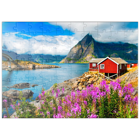 puzzleplate Typische rote Fischerhäuser in einem Hafen auf den Lofoten, Norwegen 100 Puzzle